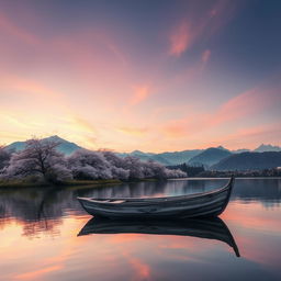 a picturesque landscape featuring a serene lakeside scene at sunset, an old wooden rowboat idly drifting on the lake, surrounded by blooming cherry blossom trees with their reflections dancing on the water, mountains in the background gently silhouetted by the hues of pink, orange, and purple in the sky, a sense of peace and calm enveloping the area, capturing the essence of a tranquil evening in nature