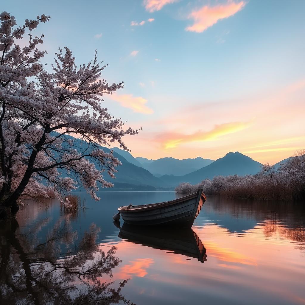 a picturesque landscape featuring a serene lakeside scene at sunset, an old wooden rowboat idly drifting on the lake, surrounded by blooming cherry blossom trees with their reflections dancing on the water, mountains in the background gently silhouetted by the hues of pink, orange, and purple in the sky, a sense of peace and calm enveloping the area, capturing the essence of a tranquil evening in nature