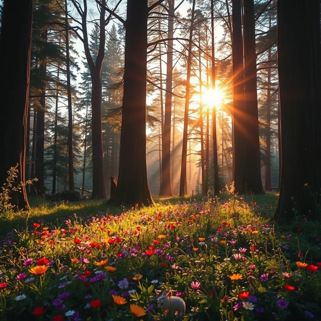 A mystical forest clearing during the sunset