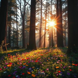 A mystical forest clearing during the sunset