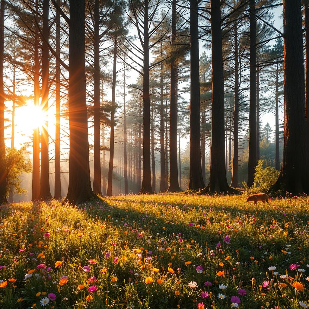 A mystical forest clearing during the sunset