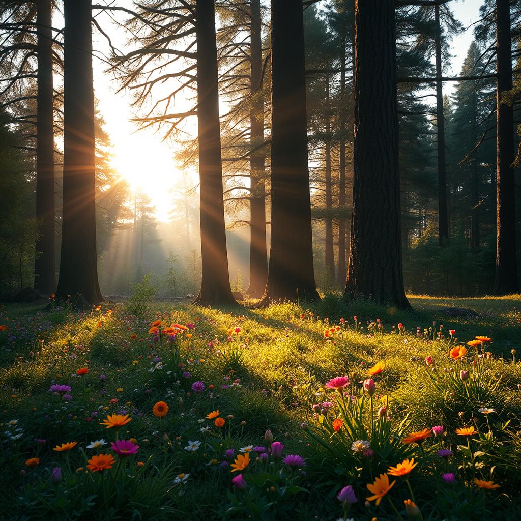 A mystical forest clearing during the sunset