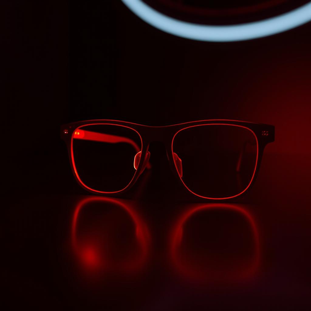 A pair of bright red sunglasses glowing softly in a dark environment, with a mysterious and stylish atmosphere