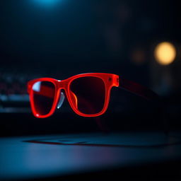 A pair of bright red sunglasses glowing softly in a dark environment, with a mysterious and stylish atmosphere