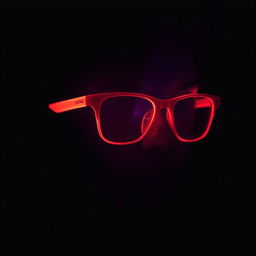 A pair of bright red sunglasses glowing softly in a dark environment, with a mysterious and stylish atmosphere