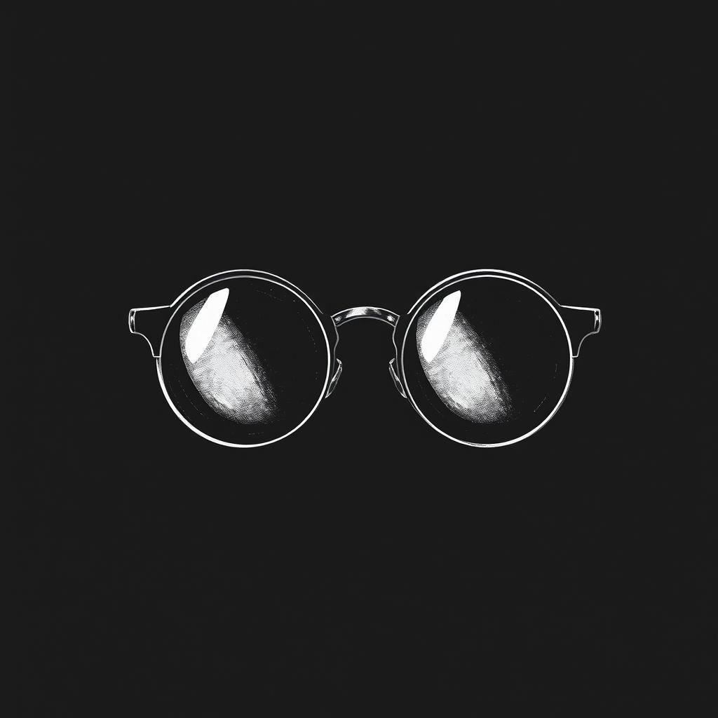 A hand-drawn illustration of round glasses in a dark setting