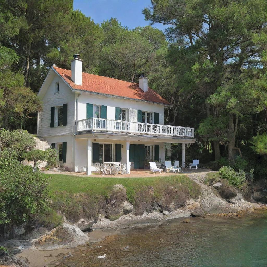 An old but charming house, expanded and modernized, nestled either in a serene forest or situated along a tranquil beach.