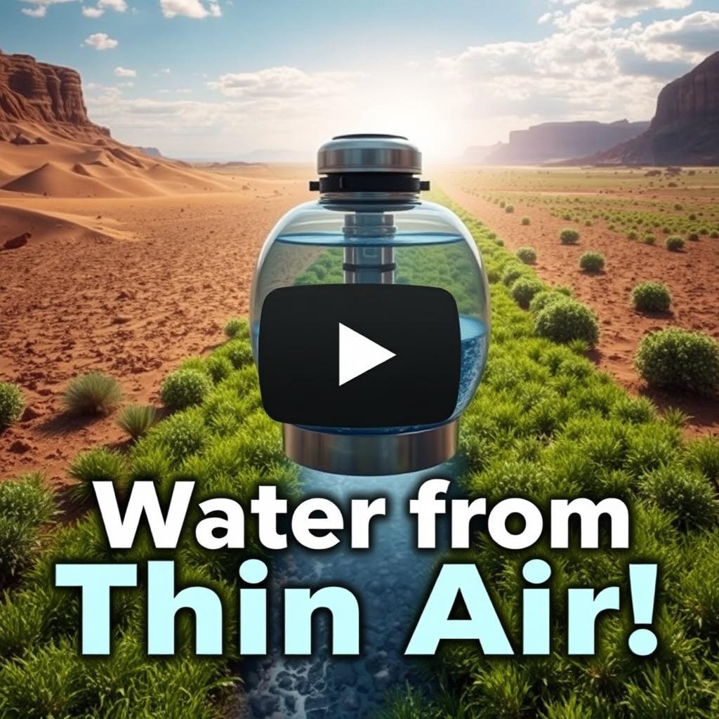 A captivating and intriguing YouTube thumbnail for a video discussing the article about extracting potable water from air, featuring a central image of a futuristic water extraction device or machine in action