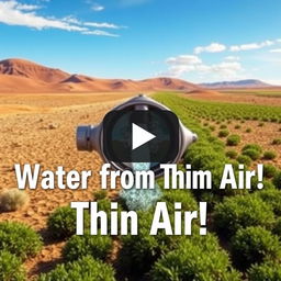 A captivating and intriguing YouTube thumbnail for a video discussing the article about extracting potable water from air, featuring a central image of a futuristic water extraction device or machine in action