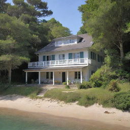 An old but charming house, expanded and modernized, nestled either in a serene forest or situated along a tranquil beach.