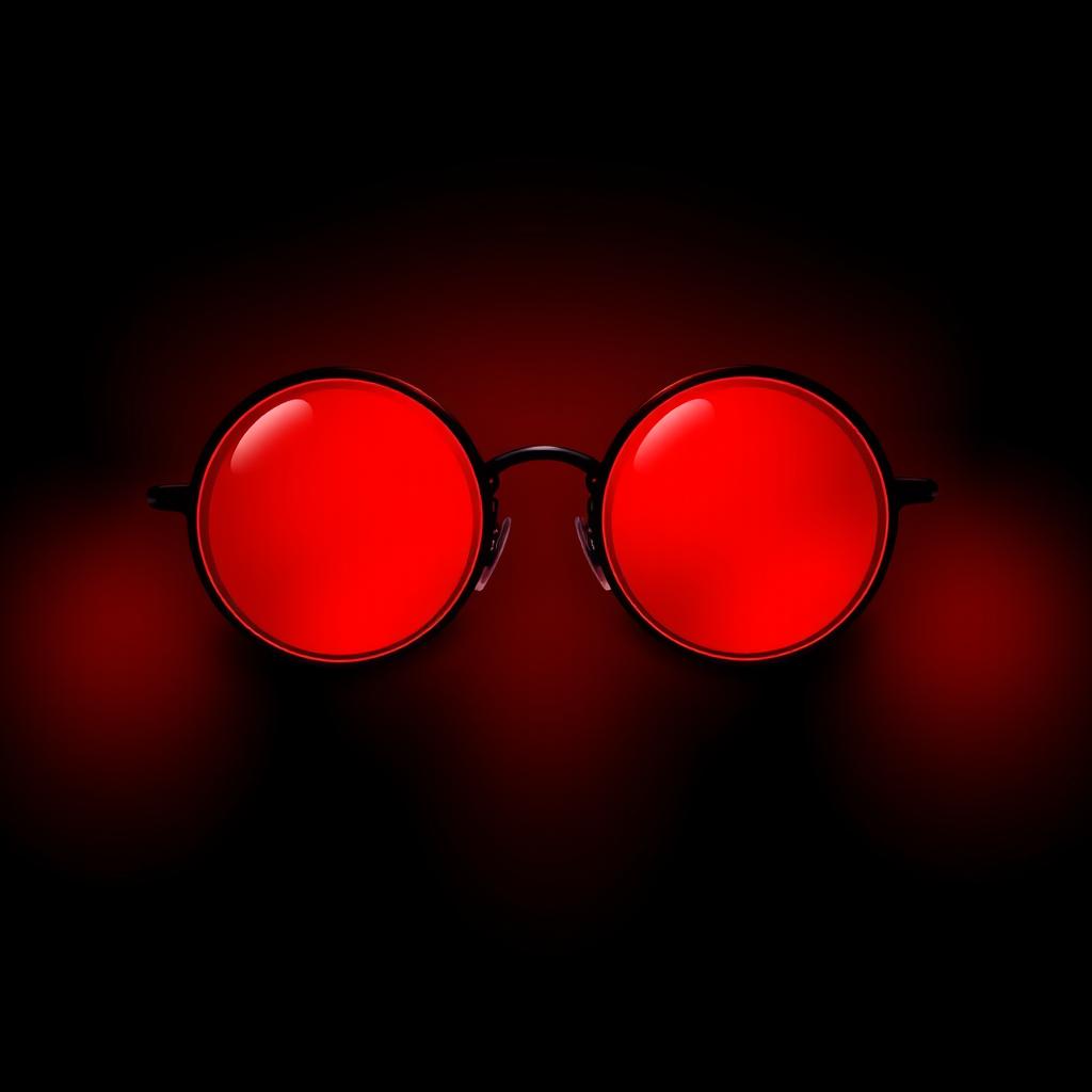 An artistic illustration depicting round glasses with striking red lenses in a dark, mysterious setting