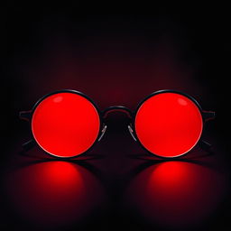An artistic illustration depicting round glasses with striking red lenses in a dark, mysterious setting