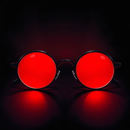 An artistic illustration depicting round glasses with striking red lenses in a dark, mysterious setting