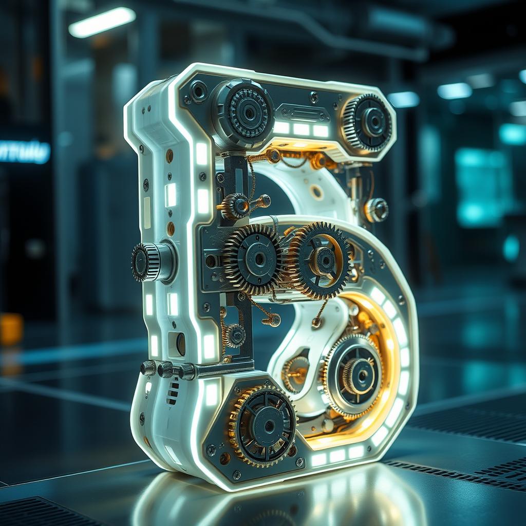 A futuristic mechanical number 5, featuring intricate gears and components, illuminated with a soft LED light from within