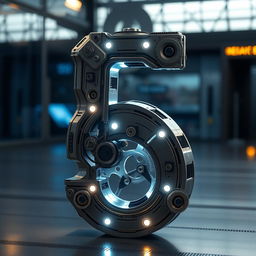 A futuristic mechanical number 5, featuring intricate gears and components, illuminated with a soft LED light from within