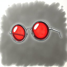 A hand-drawn sketch featuring round glasses with red lenses in a dark and mysterious setting