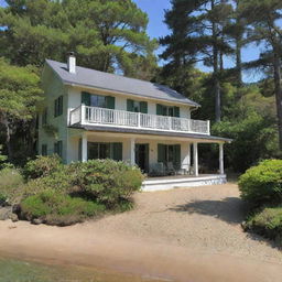 An old but charming house, expanded and modernized, nestled either in a serene forest or situated along a tranquil beach.