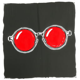 A hand-drawn sketch featuring round glasses with red lenses in a dark and mysterious setting