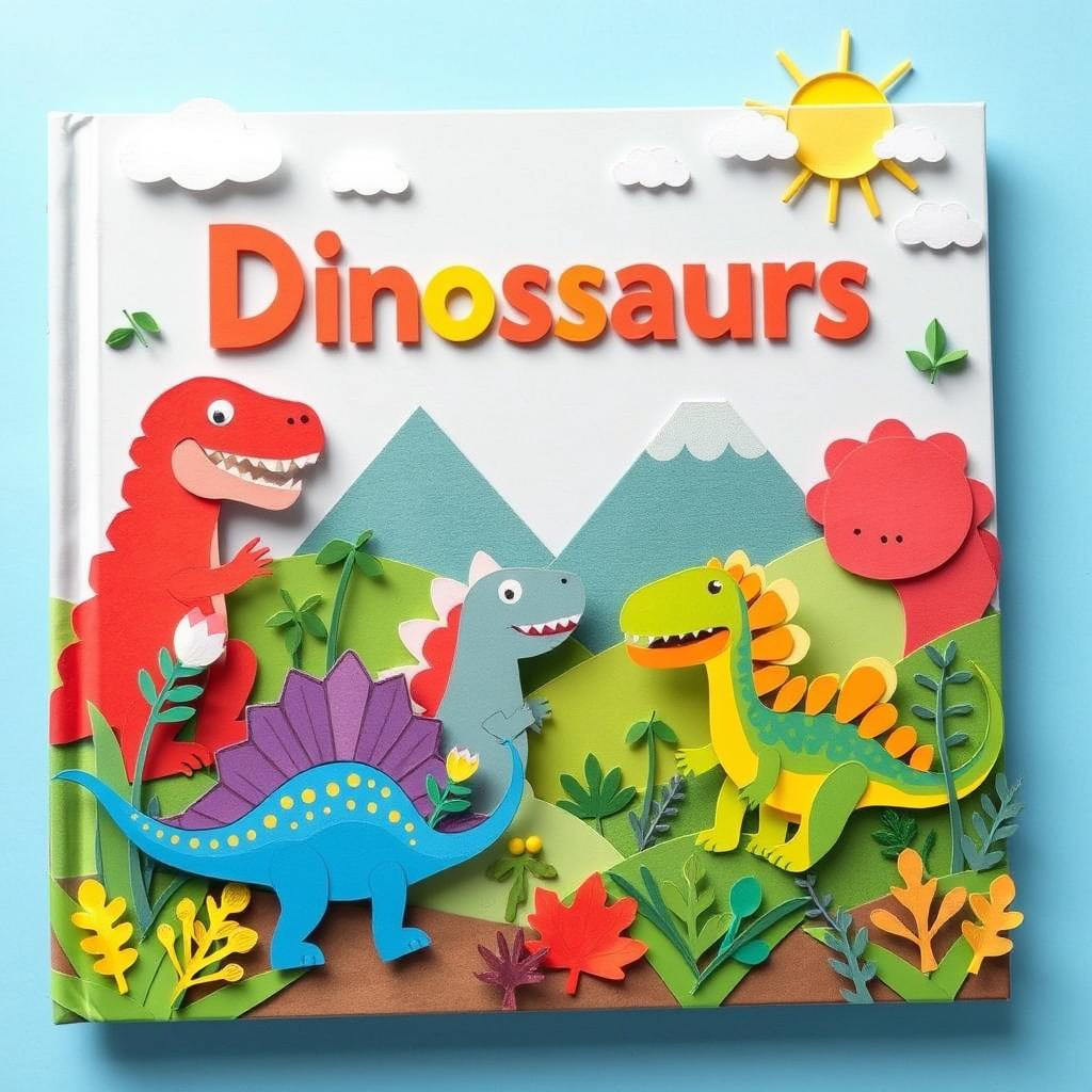 A captivating book cover for children featuring dinosaurs, designed in a charming paper-art style