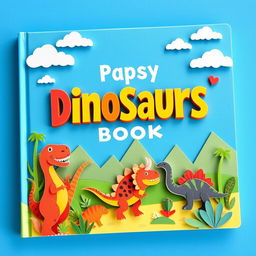 A captivating book cover for children featuring dinosaurs, designed in a charming paper-art style