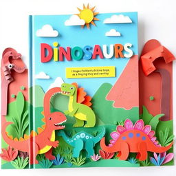 A captivating book cover for children featuring dinosaurs, designed in a charming paper-art style