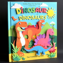 A captivating book cover for children featuring dinosaurs, designed in a charming paper-art style