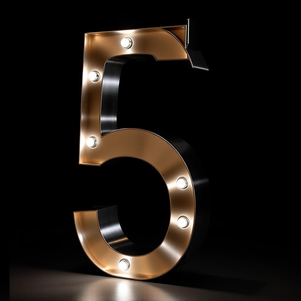 A metallic number 5, crafted from polished steel and illuminated with LED lights from within