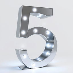 A metallic number 5, crafted from polished steel and illuminated with LED lights from within