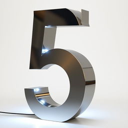 A metallic number 5, crafted from polished steel and illuminated with LED lights from within