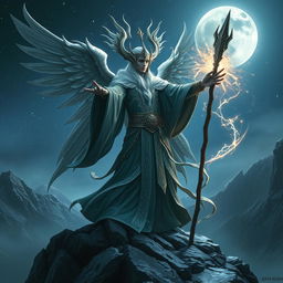 majestic Aasimar wizard casting a powerful spell, ethereal wings folded behind, glowing aura surrounding the figure, dressed in intricate mystical robes adorned with celestial patterns, staff in hand channeling magical energy, standing atop a mountain peak with a starry night sky, moon casting a silvery glow