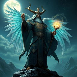 majestic Aasimar wizard casting a powerful spell, ethereal wings folded behind, glowing aura surrounding the figure, dressed in intricate mystical robes adorned with celestial patterns, staff in hand channeling magical energy, standing atop a mountain peak with a starry night sky, moon casting a silvery glow