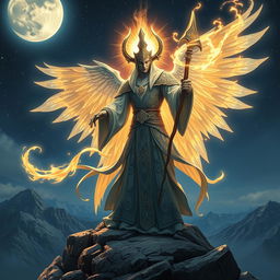 majestic Aasimar wizard casting a powerful spell, ethereal wings folded behind, glowing aura surrounding the figure, dressed in intricate mystical robes adorned with celestial patterns, staff in hand channeling magical energy, standing atop a mountain peak with a starry night sky, moon casting a silvery glow