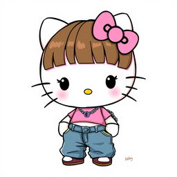 Hello Kitty styled character with brown hair and bangs, wearing a trendy crop top and baggy jeans with a chain accessory