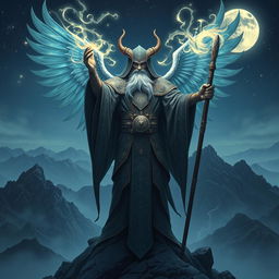 majestic Aasimar wizard casting a powerful spell, ethereal wings folded behind, glowing aura surrounding the figure, dressed in intricate mystical robes adorned with celestial patterns, staff in hand channeling magical energy, standing atop a mountain peak with a starry night sky, moon casting a silvery glow