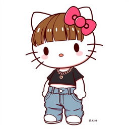 Hello Kitty styled character with brown hair and bangs, wearing a trendy crop top and baggy jeans with a chain accessory