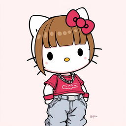 Hello Kitty styled character with brown hair and bangs, wearing a trendy crop top and baggy jeans with a chain accessory