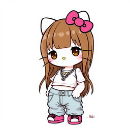 Hello Kitty styled character with brown hair and bangs, wearing a trendy crop top and baggy jeans with a chain accessory