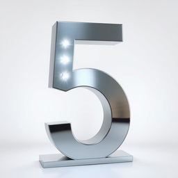 A metallic number 5, crafted from polished steel, illuminated by internal LED lights, creating a soft, glowing effect