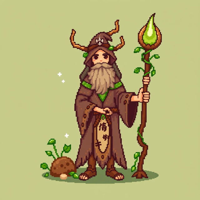 A pixel art character of a druid in the style of Stardew Valley