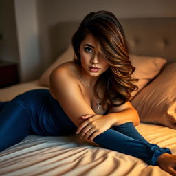 A stunning woman lying confidently on a bed, wearing tight blue shalwar pajamas that accentuate her curves beautifully