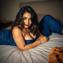 A stunning woman lying confidently on a bed, wearing tight blue shalwar pajamas that accentuate her curves beautifully