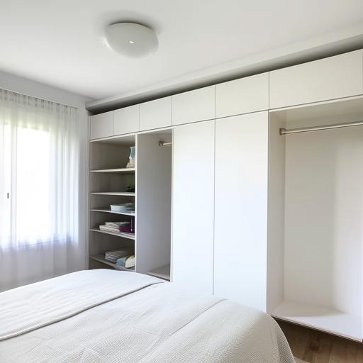 Small white bedroom featuring a clear window with natural light and an attached dressing room