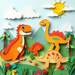 A delightful and playful drawing for children showcasing dinosaurs in a paper-art style