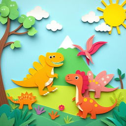 A delightful and playful drawing for children showcasing dinosaurs in a paper-art style