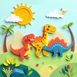 A delightful and playful drawing for children showcasing dinosaurs in a paper-art style