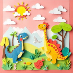 A delightful and playful drawing for children showcasing dinosaurs in a paper-art style