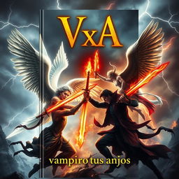 A dramatic book cover for "VxA" with the subtitle "vampiro versus anjos"