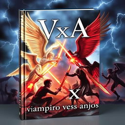 A dramatic book cover for "VxA" with the subtitle "vampiro versus anjos"