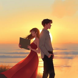 A modern romance scene set on a coastal landscape during a warm sunset