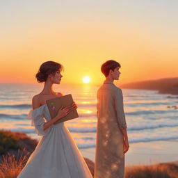 A modern romance scene set on a coastal landscape during a warm sunset